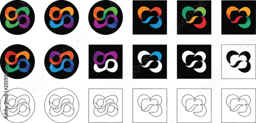 Abstract infinity symbol designs in various colors and backgrounds represent continuous motion.