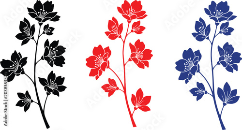 Branches with cherry blossoms in black, red, and blue on a white background.