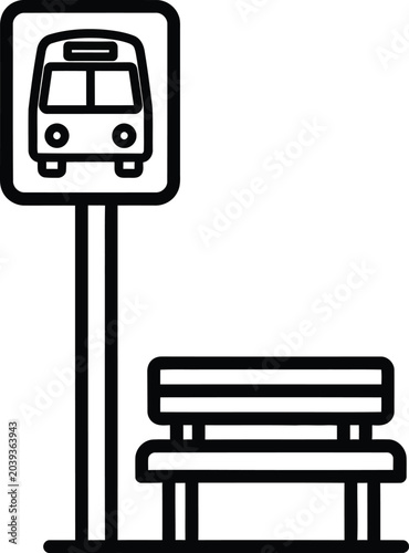 Bus stop sign and bench illustration on a plain white background for public transportation.