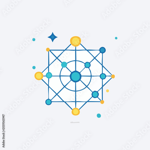 Geometric network symbol with connected nodes illustration.