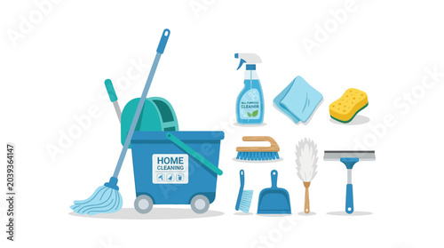 Cleaning tools and supplies arranged on a surface for household chores.