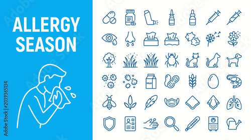 Allergy Season concept: illustrated person sneezing with a grid of allergy-related icons (pollen, tissues, medications, sprays, symptoms) on a blue background