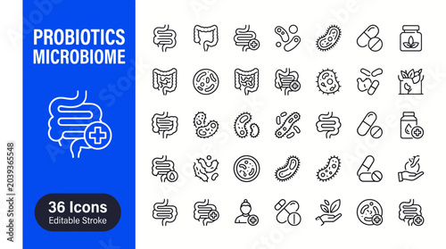 Probiotics and Microbiome Icons Set – 36 Editable Stroke Illustrations for Gut Health, Microbiology, and Healthcare Design