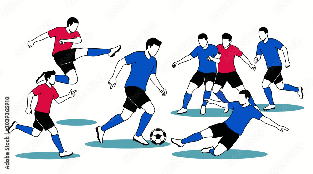 Obraz premium Dynamic soccer match illustration showing diverse players in blue and red uniforms competing for the ball