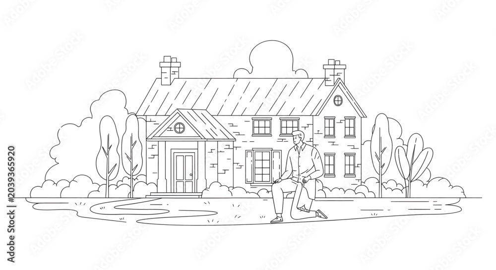 Fototapeta premium Large House with Two Chimneys Standing.