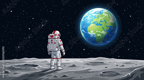 Lone astronaut on the Moon's barren surface with Earth visible in a starry outer space backdrop
