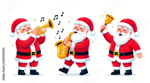 Three cheerful Santa Clauses playing brass instruments and dancing in a festive Christmas scene