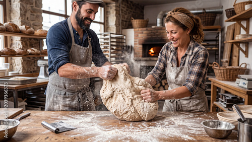 Professional bakers kneading fresh dough together in a rustic artisan bakery kitchen