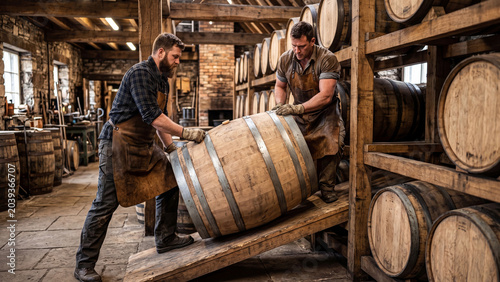 Two male distillers working together to move a wooden barrel in a distillery cellar