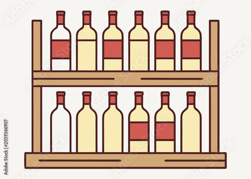 Twelve wine bottles on a two-tier wooden rack with red bottle labels.
