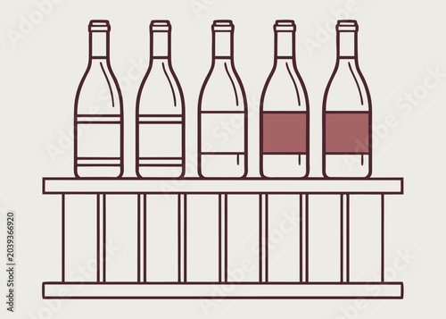 Five wine bottles arranged on a minimalist wooden rack with slats.