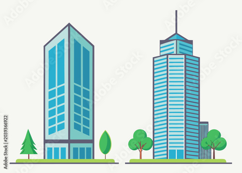 Two tall blue skyscrapers with green trees at their base in a city.