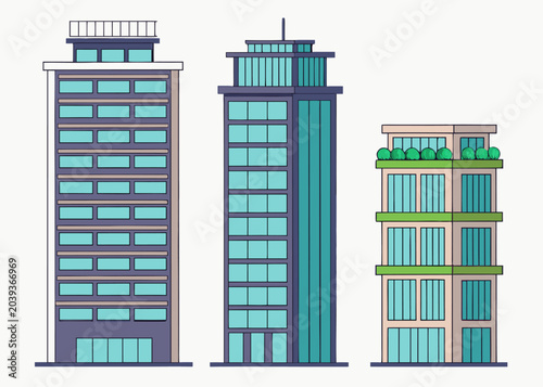 Three different modern office buildings with blue windows and bushes.