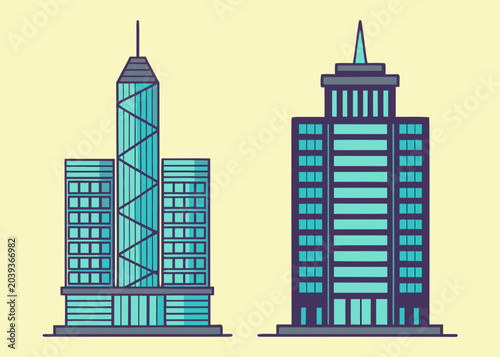 Two blue skyscraper designs centered on a solid yellow background.