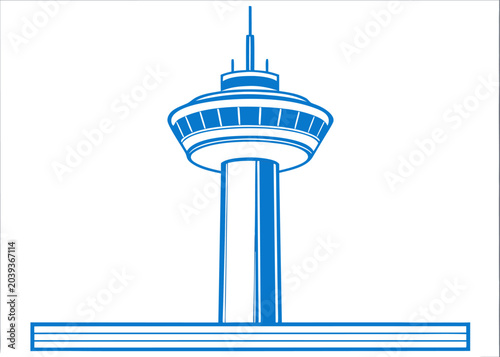 A blue vector illustration of a modern observation tower with a wide circular deck and an antenna spire positioned above a flat striped base.