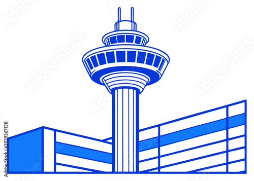 A technical blue-lined illustration shows a tall circular observation tower rising behind two modern multi-story buildings with horizontal blue stripes.