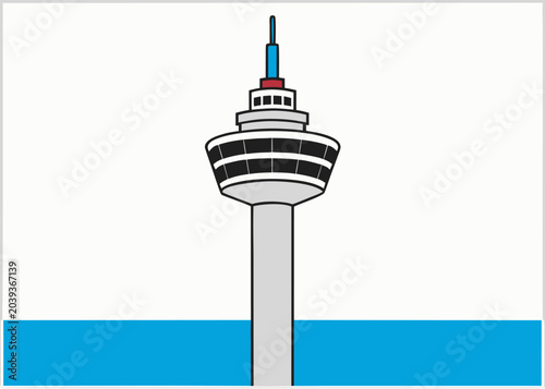 A tall grey concrete observation tower with a circular windowed deck and a blue antenna rises above a solid blue horizontal bar base.