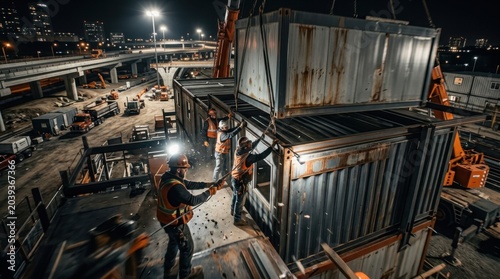 Construction Crew Assembling a Structure at Night Under Bright Artificial Lighting