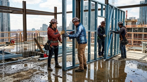 Construction Crew Assembling A Wall Frame On A High-Rise Building's Rooftop