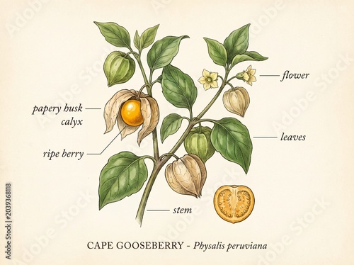 Vintage botanical illustration of a cape gooseberry plant with detailed drawing of green leaves yellow flowers papery husks and a sliced ripe berry