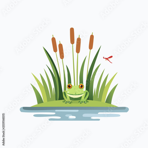 Happy frog in the pond with reeds and dragonfly.