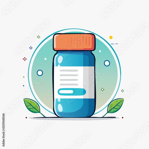 Herbal Supplement Bottle with Green Leaves Illustration.