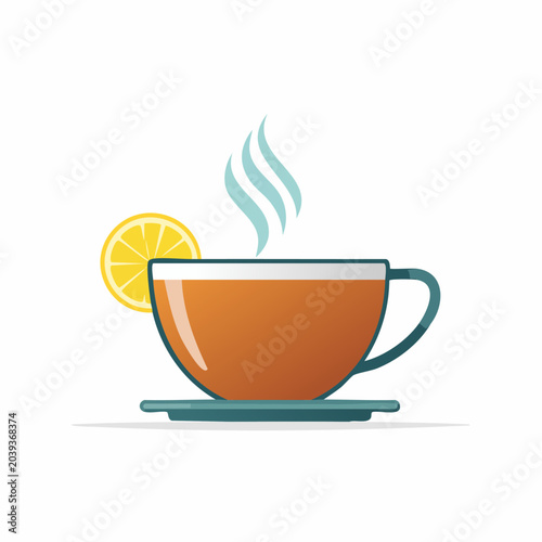 Hot Tea With Lemon Slice Steaming In A Cup.