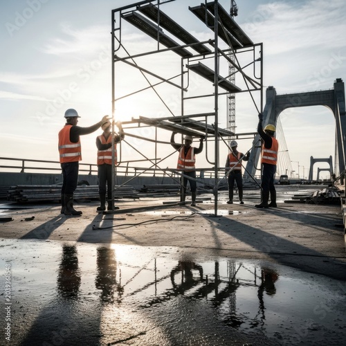 Construction Crew Assembling Scaffold on Bridge Deck with Sun Glare During Golden Hour
