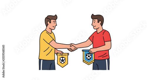 Two soccer players shaking hands and exchanging pennants