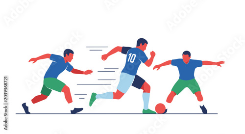 Canvas Print Soccer players competing for ball, dynamic action, flat design illustration