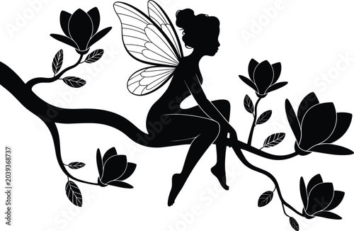 Vector silhouette of fairy sitting on flowering branch, whimsical magical illustration, fantasy nature design for print projects
