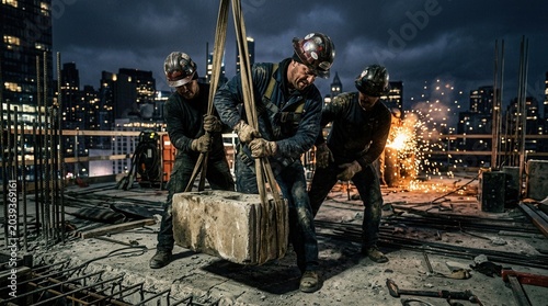 Construction Crew at a Night Project with Crane Lifting a Block in Urban Cityscape