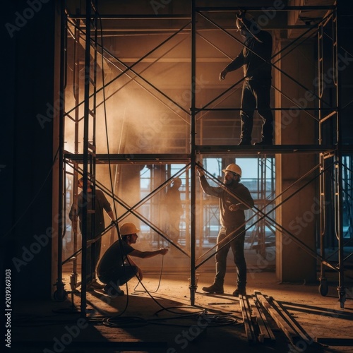 Construction Crew At Work Building A Structure Inside A New Commercial Building