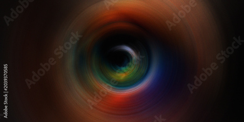 Tablou pe pânză Dark tunnel background with circular motion blur effect and glowing colorful light rays emitting from deep center focal point