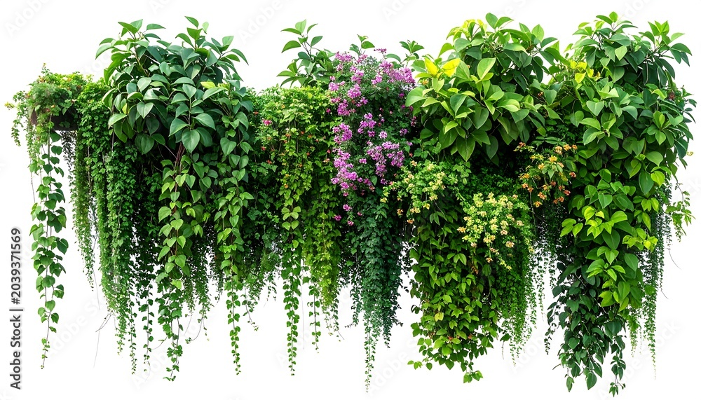 Fototapeta premium Lush, vibrant, diverse assortment of green foliage, with hints of purple flowers, cascading downward from above, isolated