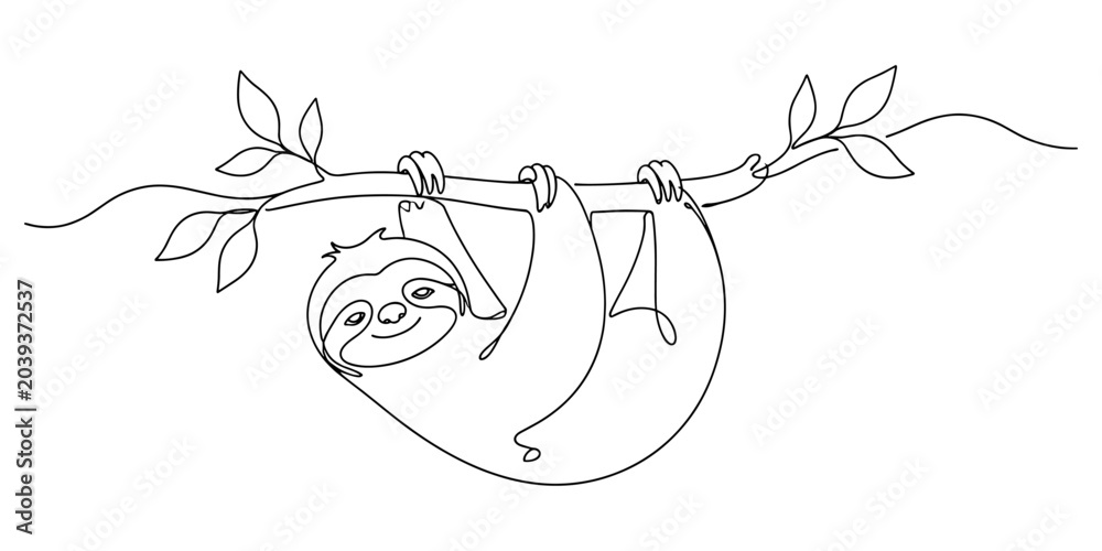 Fototapeta premium Continuous line drawing illustration of a smiling sloth hanging from a tree branch. Charming wildlife artwork suitable for nature, animals, relaxation, and tropical themes.