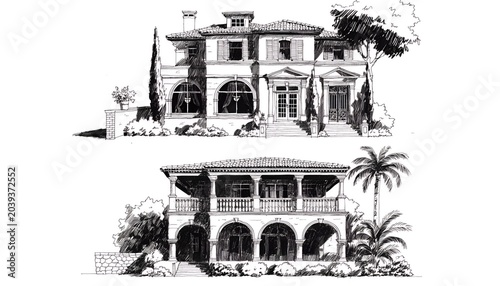Hand drawn sketch of two luxury mediterranean style houses