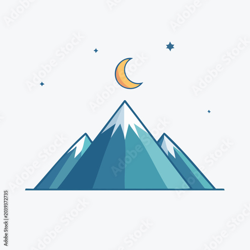 Mountain Peaks Under Crescent Moon and Stars Illustration.