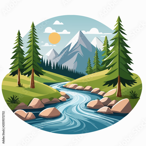 Mountain River Landscape with Pine Trees and Rocky Banks.