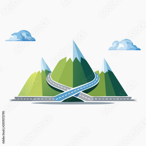 Mountain Road Illustration with Clouds and Green Hills.