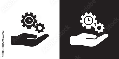Minimalist Icon of Hand Holding Interlocking Gears with Clock - Modern Time and Process Management Symbol, Efficient Workflow Optimization, and Productivity Automation Vector