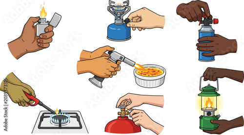 Bild auf Leinwand Diverse Hands Operating Gas Devices Vector Icon Set with Lighter Camping Stove B