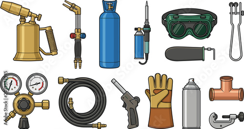 Foto Industrial Gas Welding and Brazing Equipment Vector Icon Set with Oxy-Acetylene