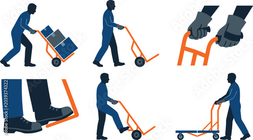 Tableau sur toile Industrial Warehouse Worker Silhouette Using Hand Truck and Platform Trolley Vec