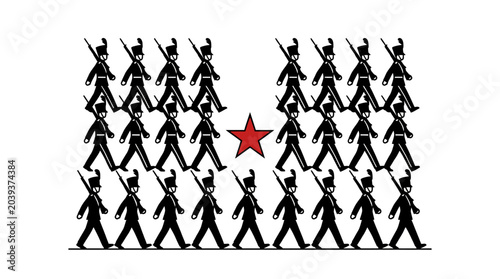 Fotografía Marching Soldiers Formation with Red Star - Concept of Unity, Order, or Exceptio