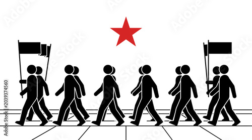 Foto Marching stick figures with flags and red star on white background