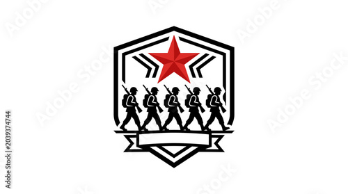 Foto Military Emblem with Marching Soldiers, Red Star and Shield
