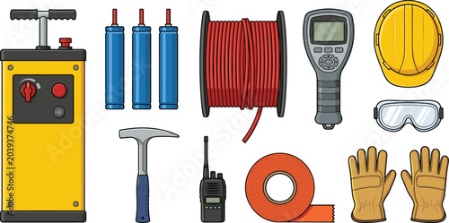 Tableau sur toile Mining Blasting and Demolition Equipment Vector Icon Set with Detonator Plunger
