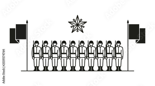 Tableau sur toile Military Formation with Flags and Star Emblem