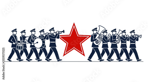 Billede på lærred Military Marching Band Parade with Red Star Symbol